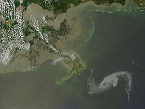 NASA satellite image on April 29, 2010 of the oil slick in the Gulf of Mexico. NASA picture ID: GSFC_20171208_Archive_e002071
