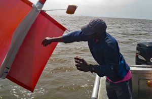 Stephan assists CONCORDE’s small boat team release surface drifters at Main Pass, Alabama. (Photo by Brian Dzwonkowski)