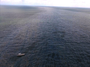 (Inset) Some of the study authors onboard a vessel used during their April 2017 field work (L-R Matthieu Le Hénaff, Oscar Garcia-Pineda, and Yannis Androulidakis). The larger picture shows oil moving in a current influenced by the Mississippi River plume. Photo by Oscar Garcia-Pineda.