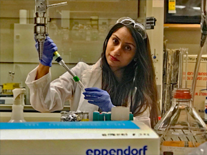 IMG1_slider Smruthi Karthikeyan inoculates cultures of the Macondimonas isolate recovered from oiled Pensacola beach sand. (Provided by Smruthi Karthikeyan)