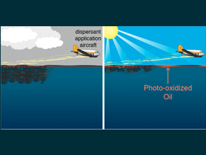 The study authors provided an image depicting scenarios of using dispersants on a cloudy day (the oil disperses into the water column) and on a sunny day (the oil stays mainly on the sea surface).