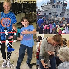 CollageE&Ophotos_slider Education and outreach include a wide variety of activities. Students (left photo) proudly display the ROV that they built at the University of Georgia’s Ocean Discovery Camp 2018 (photo provided by ECOGIG). Members of a local Boy’s and Girl’s Club (top right photo) test ROVs that they built before they toured the R/V Endeavor as part of Worlds Ocean Day 2015 (photo provided by ECOGIG). Graduate student Alice Kleinhiuzen (bottom right photo) shows a marsh core to a public audience during a Boardwalk Talk series (photo provided by ACER).
