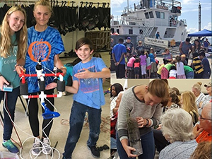 CollageE&Ophotos_slider Education and outreach include a wide variety of activities. Students (left photo) proudly display the ROV that they built at the University of Georgia’s Ocean Discovery Camp 2018 (photo provided by ECOGIG). Members of a local Boy’s and Girl’s Club (top right photo) test ROVs that they built before they toured the R/V Endeavor as part of Worlds Ocean Day 2015 (photo provided by ECOGIG). Graduate student Alice Kleinhiuzen (bottom right photo) shows a marsh core to a public audience during a Boardwalk Talk series (photo provided by ACER).