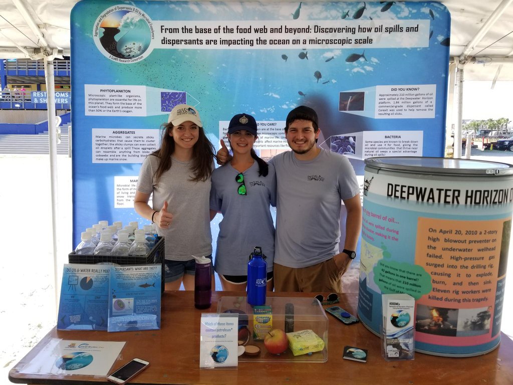 ADDOMEx graduate student Jennifer Genzer (middle) along with students Talia Rodkey and Austin Perez hosted a booth at Stewart Beach in Galveston, TX by Artist Boat for World Ocean's Day. The ADDOMEx team examines interactions between oil and microbes (phytoplankton, bacteria) and the formation of marine-oil-snow. See the ADDOMEx website.