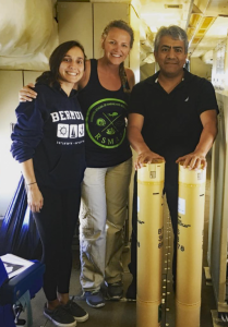 (L-R) Luna Hiron with Dr. Johna Rudzin and Dr. Benjamin Jaimes of the Rosenstiel School of Marine and Atmospheric Science on NOAA’s WP-3D Orion aircraft. Dr. Jaimes is holding probes for deployment during a post-Hurricane Nate ocean survey. (Provided by Luna Hiron)