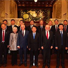 Dr. Peter Brewer and his wife Hilary at the Pre‐Ceremony banquet for foreign awardees of the China International Science and Technology Cooperation Award. Front row: Host (National Office for Science and Technology Awards), Yimei Zhu (Brookhaven Natl. Lab.), Hilary Brewer, Peter Brewer (MBARI), Huang Wei (host), Fraser Stoddart (Northwestern), Licheng Sun (KTH, Stockholm), Jan Miller (Utah College of Mines). Photo provided by Peter Brewer.