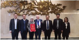 Dr. Peter Brewer and his wife Hilary take a celebratory picture with the nominating team for the China International Science and Technology Cooperation Award. Left to right: Zhang Xin, Chaolun Li, Hilary Brewer, Peter Brewer, Fan Wang (Director, Institute of Oceanology, Chinese Academy of Sciences), Rencheng Yu, Yanwei Li. Photo provided by Peter Brewer.