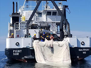 Members of the DEEPEND research consortium retrieve the 10-m2 MOCNESS net after sampling the water column at discrete depths from the surface (50 m) to 1500 m depth. Photo provided by Isabel Romero courtesy of DEEPEND.