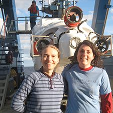 IMG_7272Mandy&MaryKateTooApril11_slider Study authors Dr. Samantha Joye (L) and Mary-Kate Rogener (R) in front of ALVIN, a manned deep-diving research submarine, during a 2014 Gulf of Mexico expedition. Photo courtesy of Dr. Andreas Teske, University of North Carolina Chapel Hill (ECOGIG).
