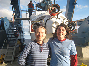 IMG_7272Mandy&MaryKateTooApril11_slider Study authors Dr. Samantha Joye (L) and Mary-Kate Rogener (R) in front of ALVIN, a manned deep-diving research submarine, during a 2014 Gulf of Mexico expedition. Photo courtesy of Dr. Andreas Teske, University of North Carolina Chapel Hill (ECOGIG).
