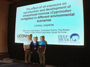 (L-R) Dr. Sylvain De Guise, Lindsay Jasperse, and Dr. Milton Levin at the 2019 Gulf of Mexico Oil Spill and Ecosystem Science conference. Lindsay won a James D. Watkins Student Award for Excellence in Research for her presentation. (Provided by Milton Levin)