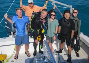 (L-R) Dr. Peter Berg, Tom Bartlett, Dr. Markus Huettel, Amelie Berger, Alireza Merikhi, and Ioana Bociu during a trip to the Florida Keys to conduct field work. (Photo credit: Keys Marine Lab)