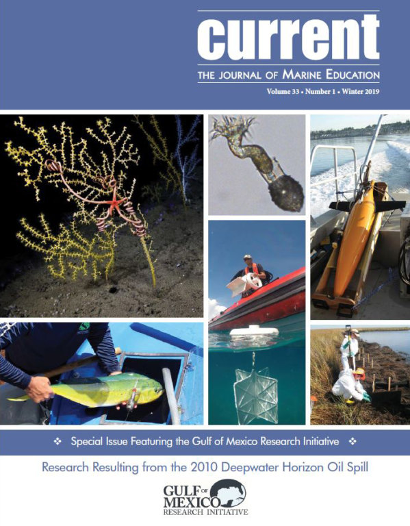 Permission has been granted to the Gulf of Mexico Research Initiative to use an image of the cover of the special issue of Current: The Journal of Marine Education featuring the Gulf of Mexico Research Initiative (Vol. 33, No. 1, Winter 2019) published by the National Marine Educators Association (NMEA) ©2019. For more information about the NMEA, please visit www.marine-ed.org.