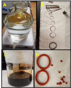 Pictured here are three oil-toxicity test protocols that this study analyzed: (A) CROSERF method, which physically disperses oil directly into water, and two passive dosing methods (B) the preparation of silicone tubes, and (C and D) the loading of oil into silicone O-Rings and oil-loaded O-rings. Photo Credit: Gopal Bera