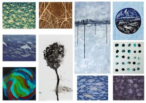 Ten art pieces – by artists Tessa Wilson, Teresa Navajo, and Curtis Whitwam – visually represent Deepwater Horizon oil spill research. The artwork is displayed at the University of South Florida College of Marine Science. Collage by Maggie Dannreuther.