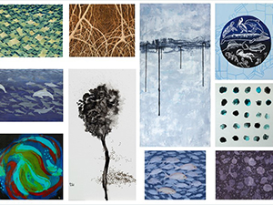 Collage3_slider Ten art pieces – by artists Tessa Wilson, Teresa Navajo, and Curtis Whitwam – visually represent Deepwater Horizon oil spill research. The artwork is displayed at the University of South Florida College of Marine Science. Collage by Maggie Dannreuther.