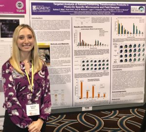 Sydney Niles presents a poster about the formation of ketone-containing photo-oxidation transformation products in petroleum at the 2018 Gulf of Mexico Oil Spill and Ecosystem Science conference. (Photo credit: Huan Chen)