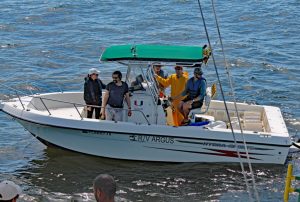 (L-R) CARTHE researchers Laura Bracken, Matias Alday, Mike Rebozo, Matt Grossi, and Conor Smith prepare to deploy CARTHE drifters from the R/V Argus during the 2017 Submesoscale Processes and Lagrangian Analysis on the Shelf (SPLASH) experiment. (Photo credit: Guillaume Novelli)