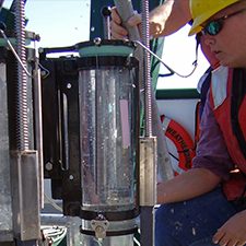 R Larson photo 1_slider Eckerd College's Rebekka Larson retrieves sediment collected November 2010 using an Ocean Instruments MC-800 aboard the R/V Weatherbird II. The sediment cores are used to investigate sedimentary impacts of the 2010 Deepwater Horizon incident. Photo credit: Patrick Schwing.