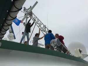 Study author Brian Haus (University of Miami Rosenstiel School of Marine and Atmospheric Science) and CARTHE research team members set up the X-Band Radar tower (takes 1 m resolution wave measurements in a 3 km radius) on the research vessel F.G. Walton Smith. Credit Tamay Ozgokmen