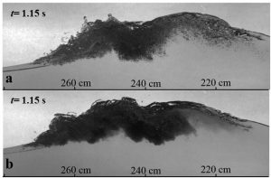 Droplets and bubble clouds for waves and slicks of (a) crude oil and (b) oil-dispersant mixture at 1:25 ratio. Individual crude oil droplets and bubbles are discernible in (a). However, the oil-dispersant mixture in (b) forms an opaque cloud with droplets sizes that fall well below the resolution range of the high-speed imaging system. Image credit: The Joseph Katz Lab and author Cheng Li, Ph.D., Mechanical Engineering, Johns Hopkins University Postdoc Fellow, Saint Anthony Falls Laboratory, University of Minnesota.
