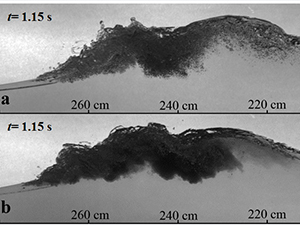 Droplets and bubble clouds for waves and slicks of (a) crude oil and (b) oil-dispersant mixture at 1:25 ratio. Individual crude oil droplets and bubbles are discernible in (a). However, the oil-dispersant mixture in (b) forms an opaque cloud with droplets sizes that fall well below the resolution range of the high-speed imaging system. Image credit: The Joseph Katz Lab and author Cheng Li, Ph.D., Mechanical Engineering, Johns Hopkins University Postdoc Fellow, Saint Anthony Falls Laboratory, University of Minnesota.