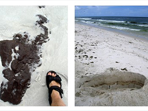 Oil contamination at Pensacola Beach, Florida. Left: Oil-coated sand grains blown across the beach by Hurricane Alex (June 20, 2010). Middle: Large sediment-oil agglomerates buried in the beach (June 30, 2010). Right: The oil-contaminated sand layer reached 70 cm thickness. (Photos by Markus Huettel).