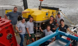 Dr. Richard Peterson of Coastal Carolina University, his students, and a colleague from Dr. Mandy Joye’s University of Georgia research lab during an oil collection cruise. (L-R) Dr. Richard Peterson and students Charlotte Kollman, Alec Villafana, Matthew Kurpiel, Elana Ames, Andy Montgomery (University of Georgia), and Jianna Wankel. (Provided by Richard Peterson)