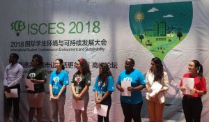 University of Miami Ph.D. student Chao Ji (far right) attends the 2018 International Student Conference on Environment and Sustainability in Shanghai, China as an invited speaker. (Provided by Chao Ji)