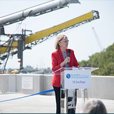 MargaretLeinen_pier-unveiling-9_slider Scripps Oceanography Director Margaret Leinen speaks at the unveiling of the new pier at Scripps's Nimitz Marine Facility on Point Loma in April 2016. Behind her are the boom arms of research platform FLIP. Credit: Scripps Institution of Oceanography at UC San Diego, used here with permission