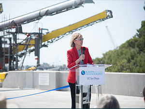 MargaretLeinen_pier-unveiling-9_slider Scripps Oceanography Director Margaret Leinen speaks at the unveiling of the new pier at Scripps's Nimitz Marine Facility on Point Loma in April 2016. Behind her are the boom arms of research platform FLIP. Credit: Scripps Institution of Oceanography at UC San Diego, used here with permission