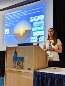 Virginia Institute of Marine Science Ph.D. student Danielle Tarpley presents her dissertation research at the 2019 Biennial Coastal & Estuarine Research Federation (CERF) Conference in Mobile, AL. (Photo by Fei Ye)