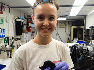 DEEPEND_Scholar_Slayden1_slider Nova Southeastern University master’s student Natalie Slayden holds a common fangtooth (Anoplogaster cornuta) that was collected during the DEEPEND consortium DP06 research cruise in the Gulf of Mexico. (Photo by Nina Pruzinsky)