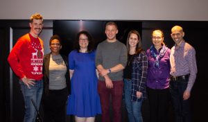 From left to right: Story Collider senior producer Shane Hanlon, doctoral student Paula Buchanan, geologist Laura Guertin, engineer Simeon Pesch, climatologist Jessica Moerman, microbiologist Samantha (Mandy) Joye, and Story Collider senior producer Ari Daniel at the 2019 Fall AGU Meeting in San Francisco, CA. Photo by Lauren Lipuma, AGU. Used with permission from Story Collider.