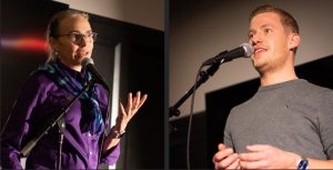Microbiologist Samantha (Mandy) Joye (left) and engineer Simeon Pesch (right) shared their personal science stories at the 2019 Fall AGU Meeting’s Story Collider event. Photos by Lauren Lipuma, AGU. Used with permission from Story Collider.