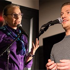 Mandy-Simeon_slider Microbiologist Samantha (Mandy) Joye (left) and engineer Simeon Pesch (right) shared their personal science stories at the 2019 Fall AGU Meeting’s Story Collider event. Photos by Lauren Lipuma, AGU. Used with permission from Story Collider.