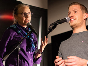 Mandy-Simeon_slider Microbiologist Samantha (Mandy) Joye (left) and engineer Simeon Pesch (right) shared their personal science stories at the 2019 Fall AGU Meeting’s Story Collider event. Photos by Lauren Lipuma, AGU. Used with permission from Story Collider.
