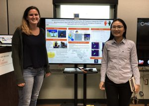 Ph.D. students Mary Jacketti (left) and Chao Ji (right) present their research at the University of Miami College of Engineering Research Day. (Provided by Chao Ji)
