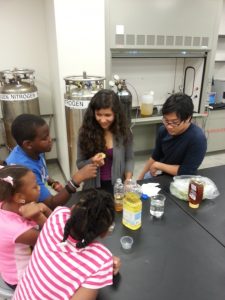 C-MEDS Interns work with local campers during “Science Day.” Photo Credit: Bennetta Horne.