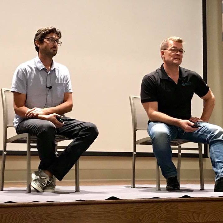 Grosell CARTHE researcher Dr. Guillaume Novelli (left) and RECOVER principal investigator Dr. Martin Grosell (right) answer questions from the audience at the Dispatches from the Gulf 2 screening hosted by CARTHE and RECOVER. Photo Credit: CARTHE and RECOVER.