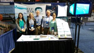 Members of the GoMRI Management Team, the Sea Grant Oil Spill Outreach Team, and the Gulf of Mexico Research Initiative Information and Data Cooperative attend the 2017 International Oil Spill Conference. From left to right: Rosalie Rossi (GRIIDC), Katie Fillingham (GMT), Kevin Shaw (GMT), Chuck Wilson (GMT), and Monica Wilson (Florida Sea Grant). Photo Credit: Katie Fillingham.