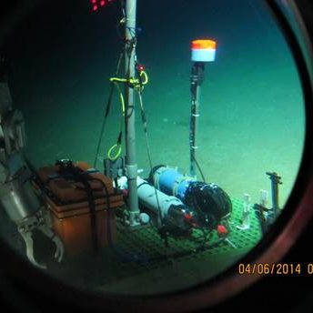 MiniLander The mini-Lander is essentially a frame with a drop weight and an instrument package (in this case, methane, O2, pCO2, T, salinity, and pH sensors). Positioned near a feature (a gas vent in this case) and left in place from a few days to a few months, it continuously measures those parameters. This one was deployed for only 2 days but yielded excellent data. The mini-Lander was designed by Howard Mendlovitz, a chemical engineer working in the lab of ECOGIG PI Dr. Chris Martens. Photo Credit: ECOGIG and WHOI.