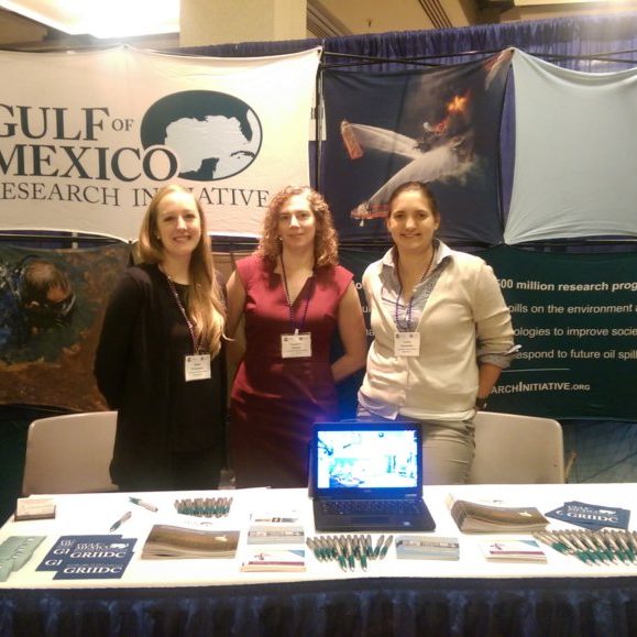RAE Booth Members of the GoMRI Management Team attend the Restore America’s Estuaries Summit. From left to right: Katie Fillingham, Suzanne Garrett, and Jessie Swanseen. Not pictured: Larissa Graham from Sea Grant and Rosalie Rossi from GRIIDC. Photo Credit: Katie Fillingham.
