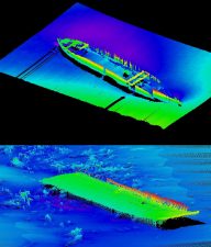 The Allen Reef Liberty Ship (above) and Casino Magic Barge (below) are examples of seafloor targets researchers can map using multibeam sonar. The sunken vessels are part of fish havens in the northern Gulf of Mexico. (Photo credit: Ian Church, Lauren Quas)