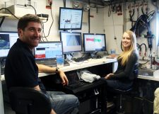 Dr. Ian Church trains Lauren to operate the Multibeam on the R/V Point Sur during the first leg of the CONCORDE Fall Campaign. (Photo credit: Heather Dippold)